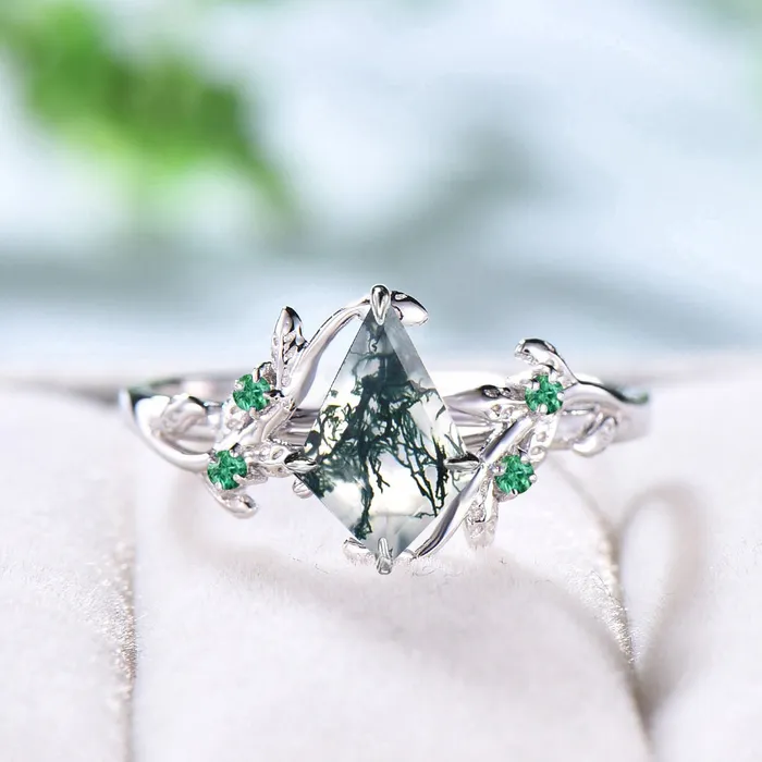 Unique black gold moss agate ring set Nature Inspired kite cut green agate engagement ring cluster emerald eye wedding ring set for women PENFINE Rings Unique black gold moss agate ring set Nature Inspired kite cut green agate engagement ring cluster emerald eye wedding ring set for women PENFINE Rings