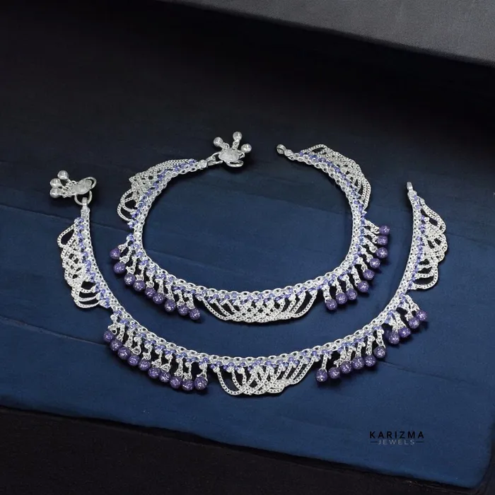 Unique Real Sterling Silver Violet Beads Indian women Jhallar Anklets Ankle Pair 105 Karizma Jewels Rings Unique Real Sterling Silver Violet Beads Indian women Jhallar Anklets Ankle Pair 105 Karizma Jewels Rings