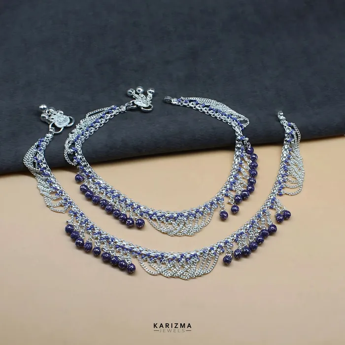 Unique Real Sterling Silver Violet Beads Indian women Jhallar Anklets Ankle Pair 105 Karizma Jewels Rings