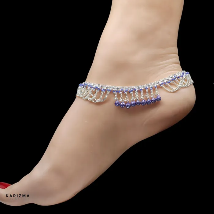 Unique Real Sterling Silver Violet Beads Indian women Jhallar Anklets Ankle Pair 105 Karizma Jewels Rings