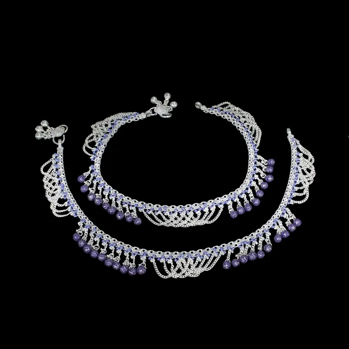 Unique Real Sterling Silver Violet Beads Indian women Jhallar Anklets Ankle Pair 105 Karizma Jewels Rings