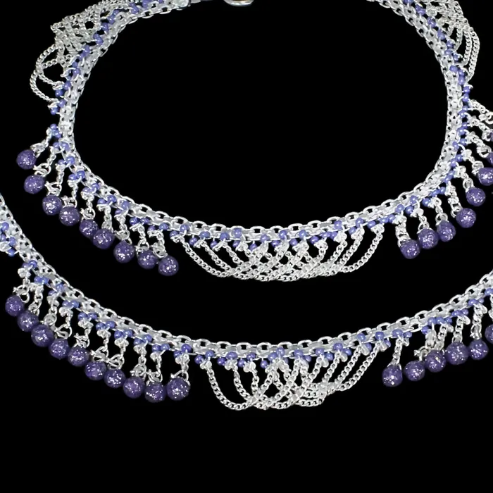 Unique Real Sterling Silver Violet Beads Indian women Jhallar Anklets Ankle Pair 105 Karizma Jewels Rings