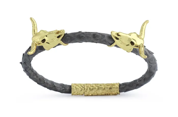 Albert Hern Bracelets Bracelet LivingSkull Men Python Leather Two Bull Skulls