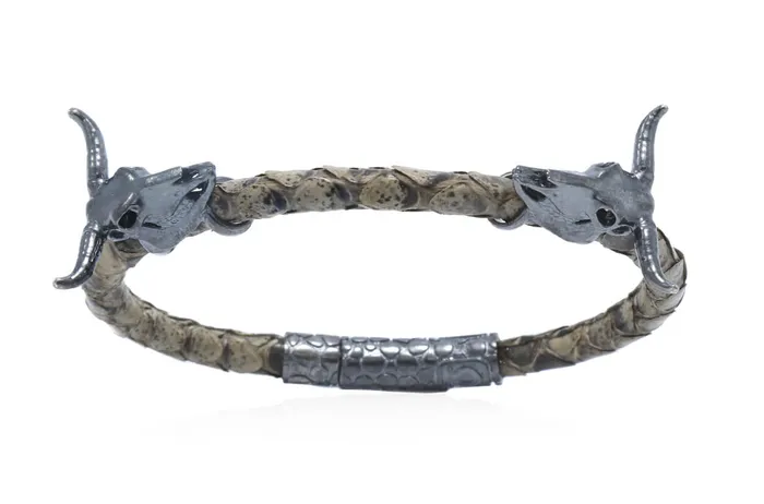Albert Hern Bracelets Bracelet LivingSkull Men Python Leather Two Bull Skulls