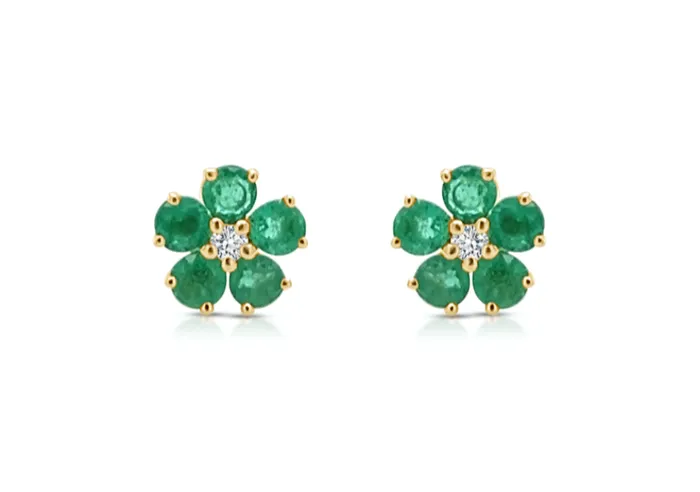 Albert Hern Earrings 14kt Gold Flowers Emeralds Diamonds Studs Earrings