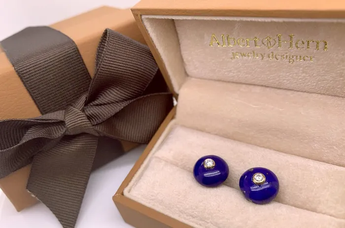 Albert Hern Earrings 18kt Gold Lapis Lazuli Studs with Diamonds Earrings