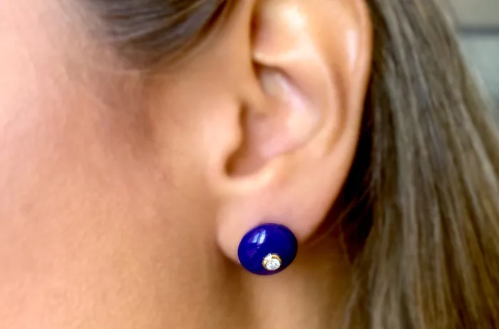 Albert Hern Earrings 18kt Gold Lapis Lazuli Studs with Diamonds Earrings