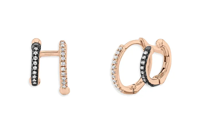 Albert Hern Earrings Earrings 14kt Gold Double Huggies Half Rhodium Diamonds