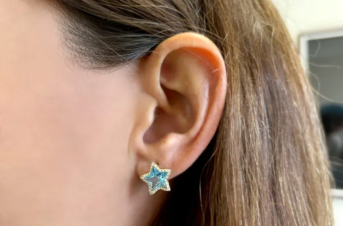 Albert Hern Earrings Earrings 18kt Gold Stars Blue Topaz Diamonds Halo Studs Albert Hern Earrings Earrings 18kt Gold Stars Blue Topaz Diamonds Halo Studs