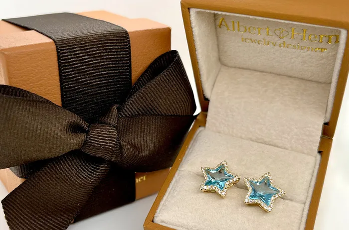 Albert Hern Earrings Earrings 18kt Gold Stars Blue Topaz Diamonds Halo Studs Albert Hern Earrings Earrings 18kt Gold Stars Blue Topaz Diamonds Halo Studs