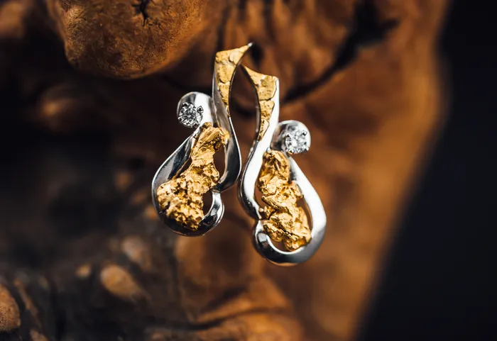 Art FX fine jewelry Earrings 14k White Gold Alaskan Gold Nugget and Diamond Earrings