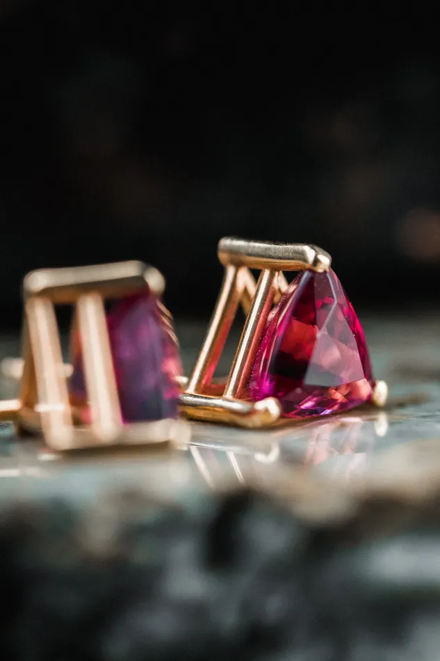 Art FX fine jewelry Earrings 14k Yellow Gold Trillion Pink Tourmaline Earrings