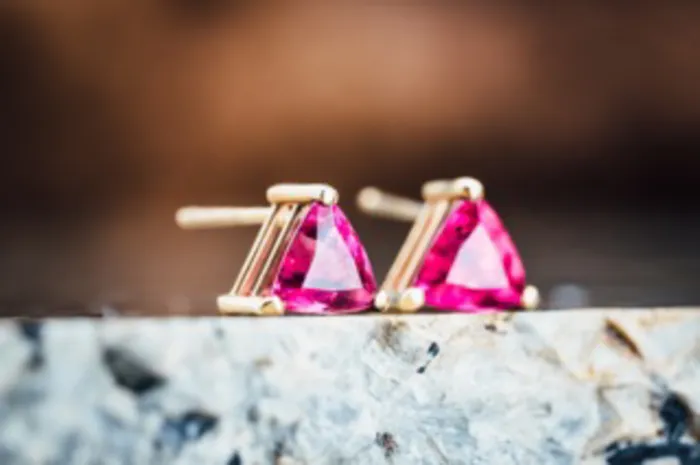 Art FX fine jewelry Earrings 14k Yellow Gold Trillion Pink Tourmaline Earrings