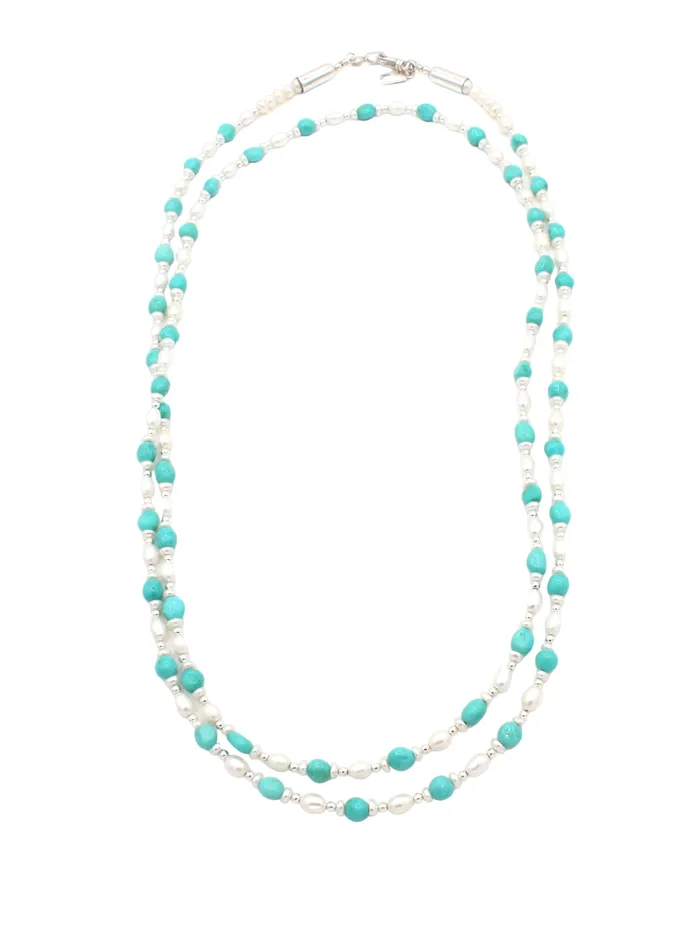 Artie Yellowhorse 48 Single Strand Kingman and Pearl Necklace Necklaces