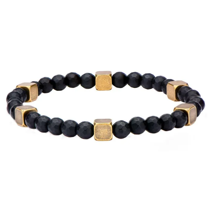 Bracelets Golden Tone Antique Brass Block with Black Hematite Bead Bracelet INOX JEWELRY Bracelets Golden Tone Antique Brass Block with Black Hematite Bead Bracelet INOX JEWELRY