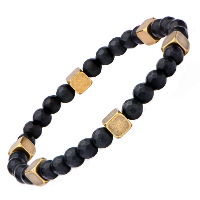 Bracelets Golden Tone Antique Brass Block with Black Hematite Bead Bracelet INOX JEWELRY