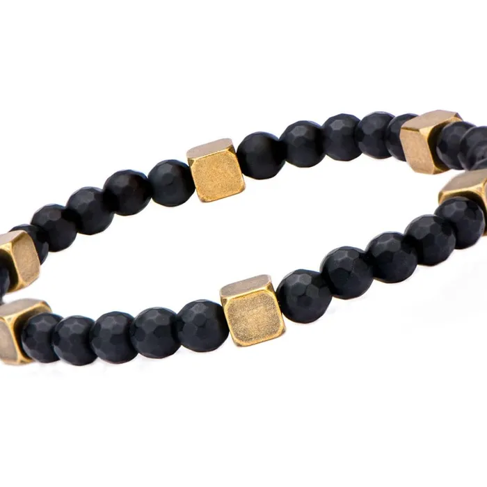 Bracelets Golden Tone Antique Brass Block with Black Hematite Bead Bracelet INOX JEWELRY