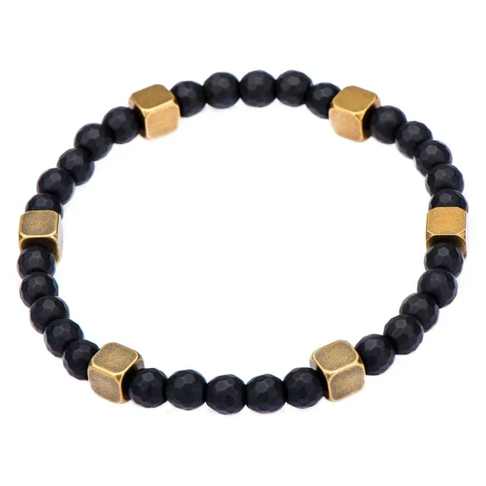 Bracelets Golden Tone Antique Brass Block with Black Hematite Bead Bracelet INOX JEWELRY