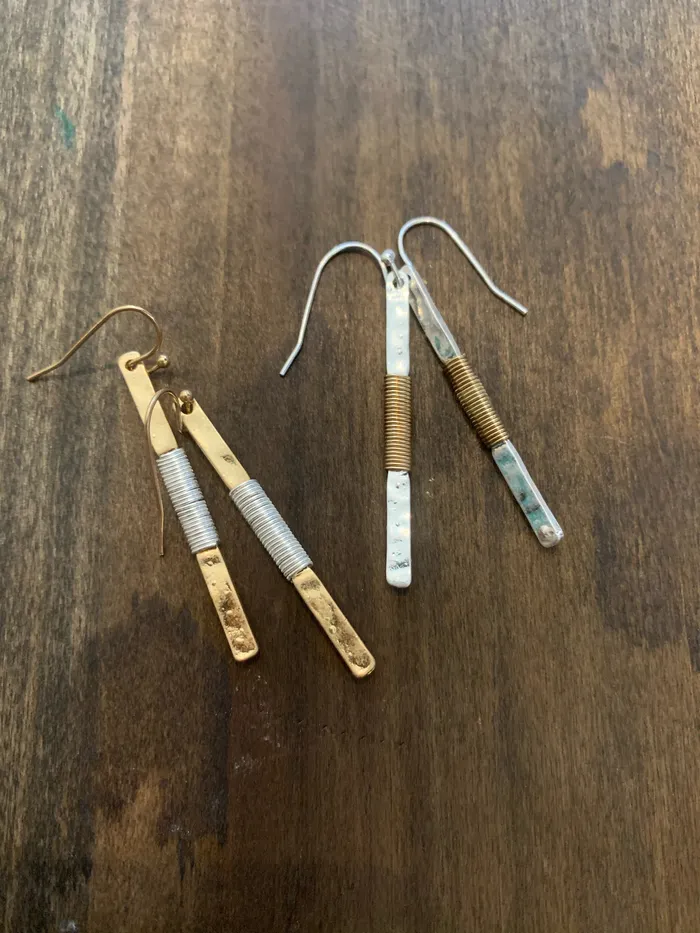 bubs sass Earrings hammered wire wrapped vertical bar earrings