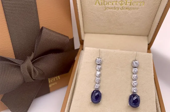 Earrings Albert Hern Earrings 18kt Gold Blue Sapphire Cabochon Diamonds Earrings Albert Hern Earrings 18kt Gold Blue Sapphire Cabochon Diamonds