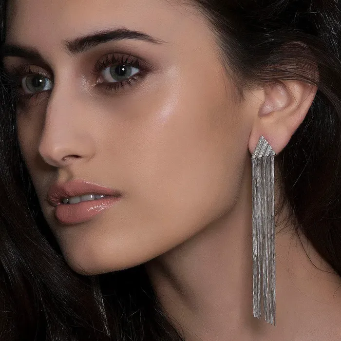 Jack Vartanian Earrings PLEATS TRIANGLE FRINGE EARRING IN 18K WHITE GOLD WITH DIAMOND