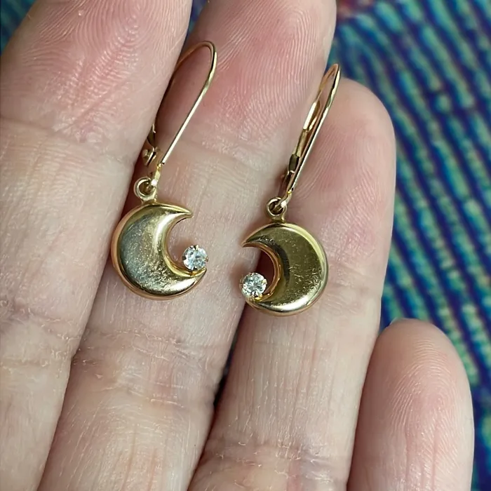Love Vintage Paris Earrings Puffy Moon Earrings CZ 14k Gold Vintage