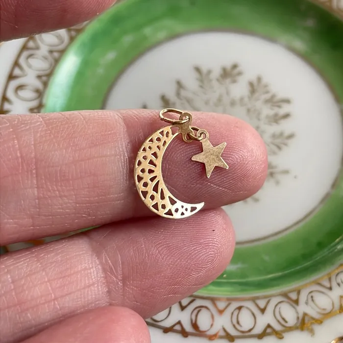 Love Vintage Paris Necklaces Filigree Moon Star Pendant 14k Gold Vintage