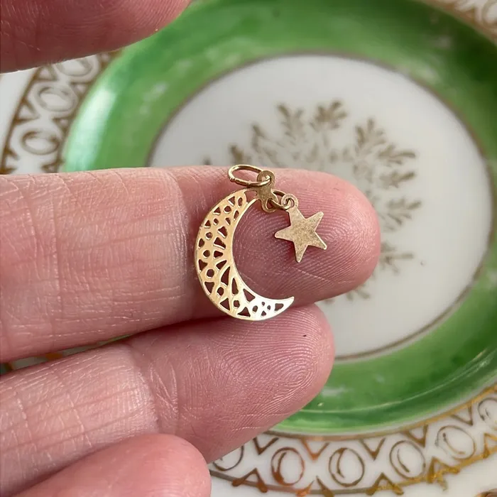 Love Vintage Paris Necklaces Filigree Moon Star Pendant 14k Gold Vintage