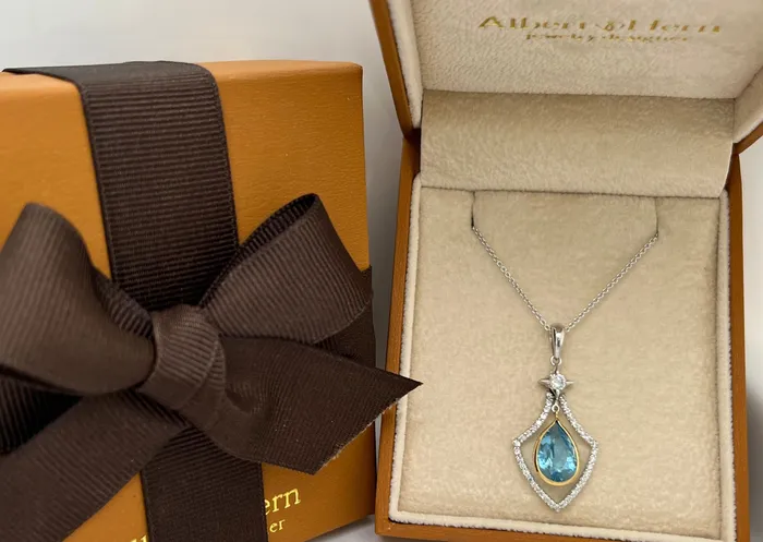 Necklaces Albert Hern Necklace 18kt Gold Blue Topaz Pear Shape Pendant with Diamonds Necklaces Albert Hern Necklace 18kt Gold Blue Topaz Pear Shape Pendant with Diamonds