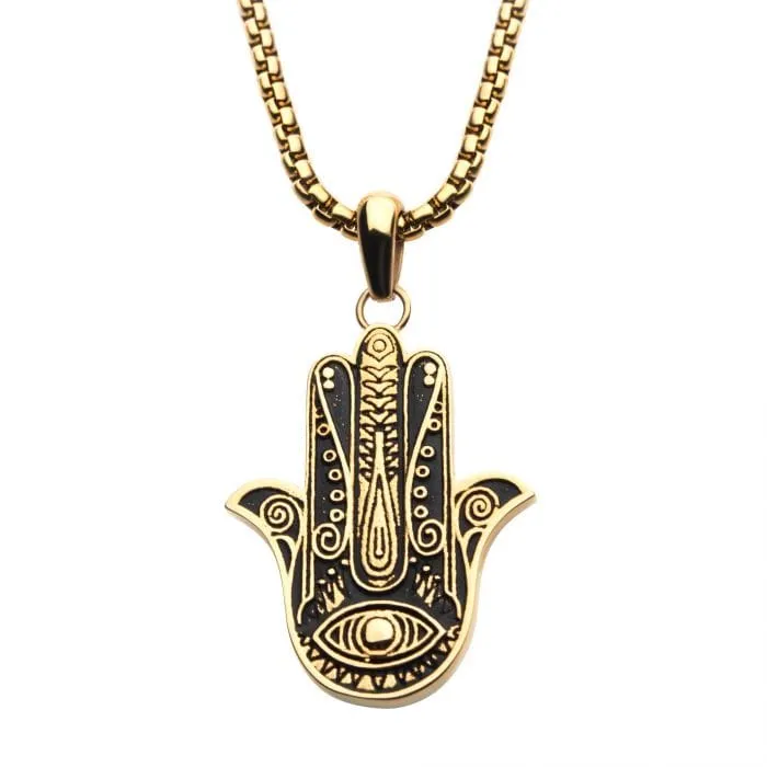 Necklaces INOX JEWELRY 18K Gold Plated Hamsa Pendant Necklace for Men