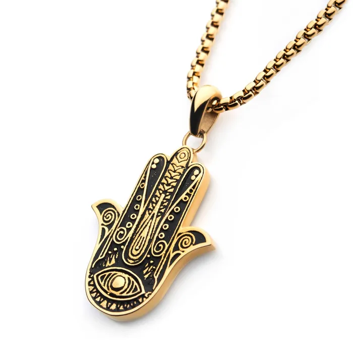 Necklaces INOX JEWELRY 18K Gold Plated Hamsa Pendant Necklace for Men
