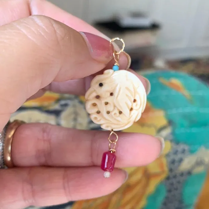 Necklaces Phoenix Pendant Carved Bone Rubellite Turquoise Mother of Pearl Gold Filled Handmade Love Vintage Paris