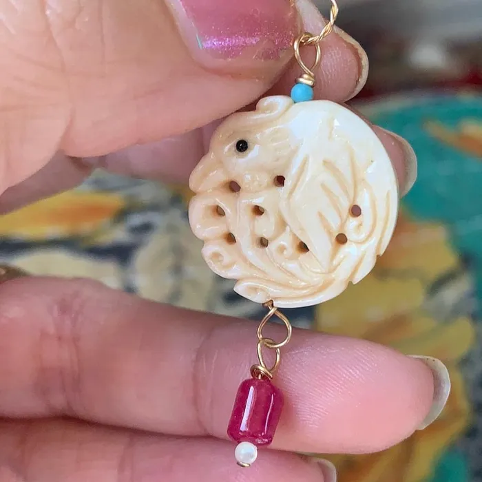Necklaces Phoenix Pendant Carved Bone Rubellite Turquoise Mother of Pearl Gold Filled Handmade Love Vintage Paris