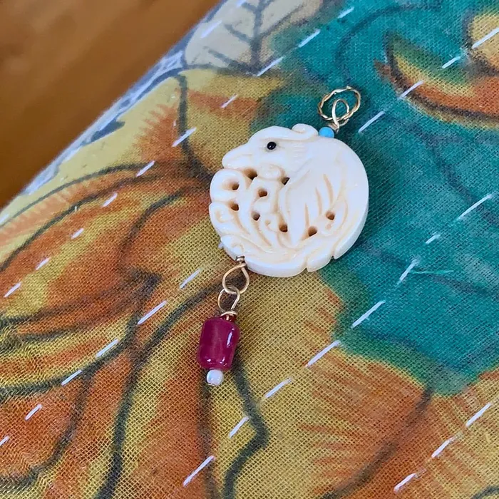 Necklaces Phoenix Pendant Carved Bone Rubellite Turquoise Mother of Pearl Gold Filled Handmade Love Vintage Paris