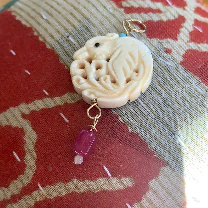 Necklaces Phoenix Pendant Carved Bone Rubellite Turquoise Mother of Pearl Gold Filled Handmade Love Vintage Paris