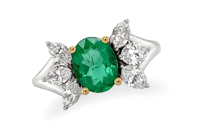 Rings Albert Hern Ring 18kt Gold Majestic GIA Oval Emerald Marquise Diamonds Rings Albert Hern Ring 18kt Gold Majestic GIA Oval Emerald Marquise Diamonds