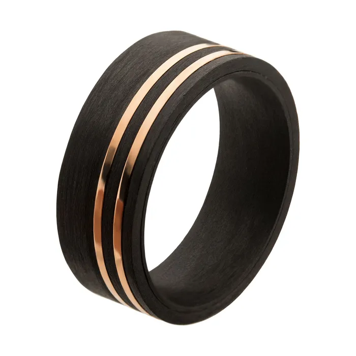Rings INOX JEWELRY Black and Rose Tone Stainless Steel Solid Carbon Fiber Inlaid Thin Lines Band Ring Rings INOX JEWELRY Black and Rose Tone Stainless Steel Solid Carbon Fiber Inlaid Thin Lines Band Ring