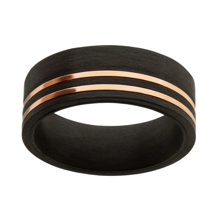 Rings INOX JEWELRY Black and Rose Tone Stainless Steel Solid Carbon Fiber Inlaid Thin Lines Band Ring