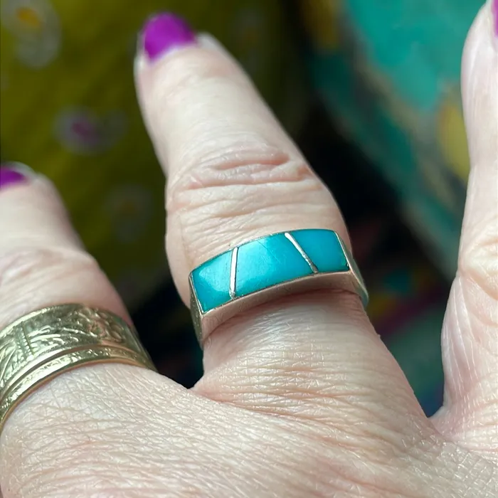Rings Turquoise Inlay Ring Sterling Silver Vintage Vintage Paris Jewelry