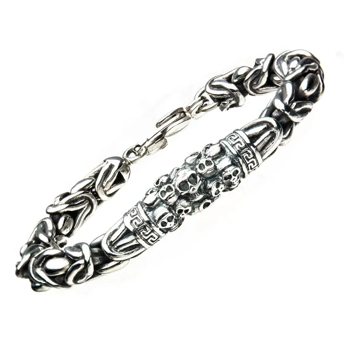 Silver Tone Stainless Steel Byzantine Chain Mountain of Skulls Bracelet INOX JEWELRY Bracelets