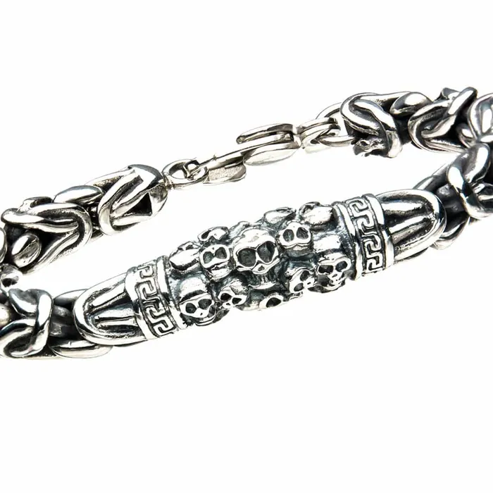 Silver Tone Stainless Steel Byzantine Chain Mountain of Skulls Bracelet INOX JEWELRY Bracelets