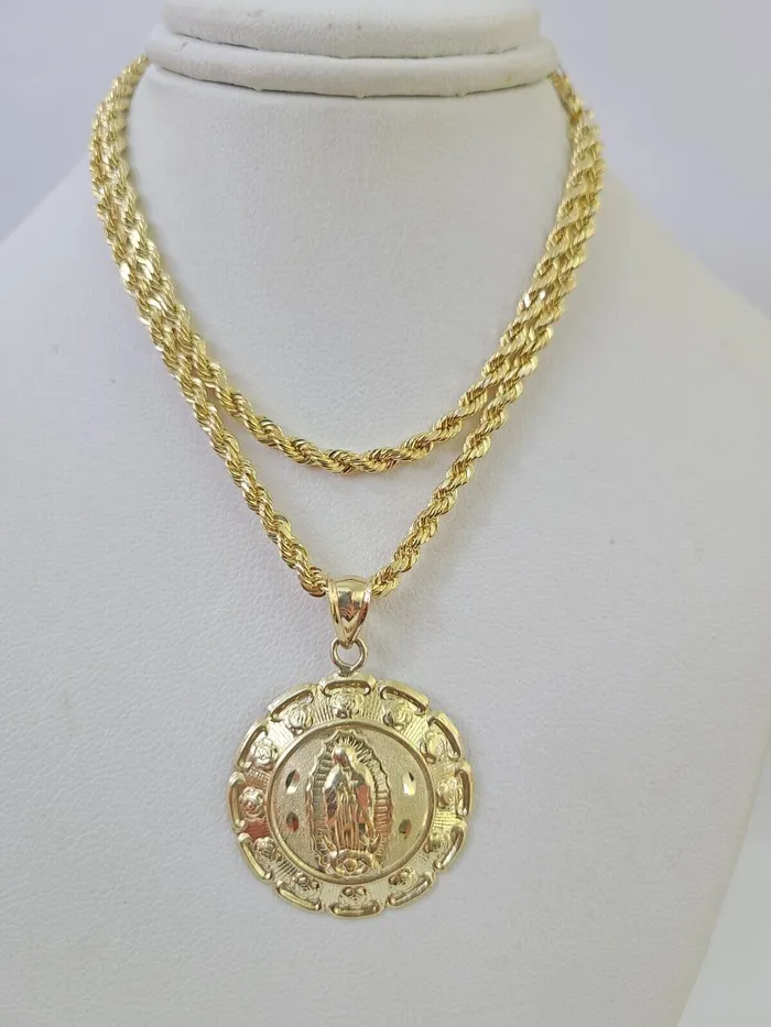 10k 3mm Rope Chain Virgin Mary Pendant 1830 Yellow Gold Set Charm Necklace Gold and Diamond Necklaces 10k 3mm Rope Chain Virgin Mary Pendant 1830 Yellow Gold Set Charm Necklace Gold and Diamond Necklaces
