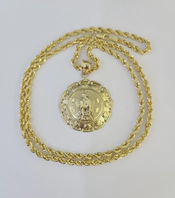 10k 3mm Rope Chain Virgin Mary Pendant 1830 Yellow Gold Set Charm Necklace Gold and Diamond Necklaces