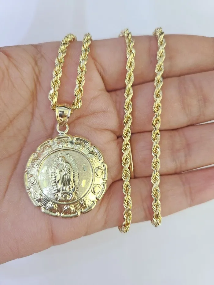 10k 3mm Rope Chain Virgin Mary Pendant 1830 Yellow Gold Set Charm Necklace Gold and Diamond Necklaces