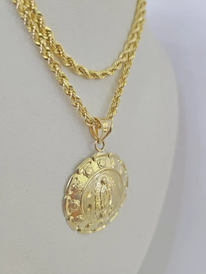 10k 3mm Rope Chain Virgin Mary Pendant 1830 Yellow Gold Set Charm Necklace Gold and Diamond Necklaces