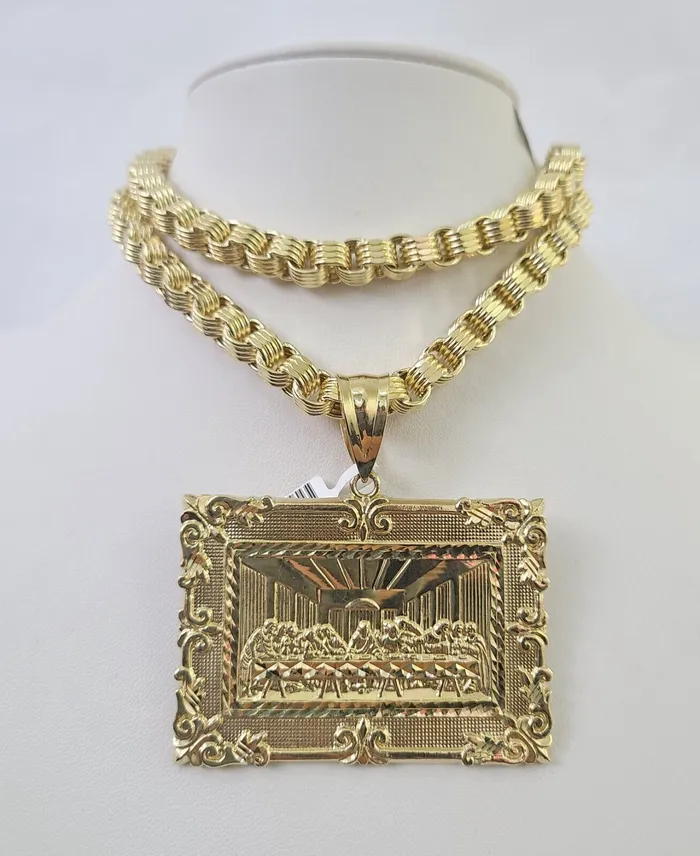10k Gold Byzantine Necklace Last Supper Charm Pendant 2030 8mm REAL SET Chain Gold and Diamond Necklaces 10k Gold Byzantine Necklace Last Supper Charm Pendant 2030 8mm REAL SET Chain Gold and Diamond Necklaces