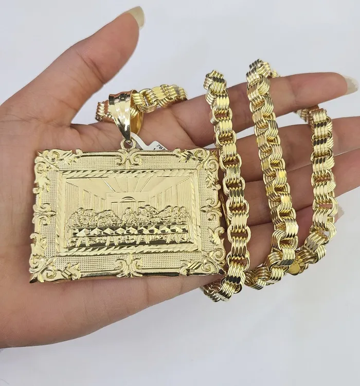 10k Gold Byzantine Necklace Last Supper Charm Pendant 2030 8mm REAL SET Chain Gold and Diamond Necklaces