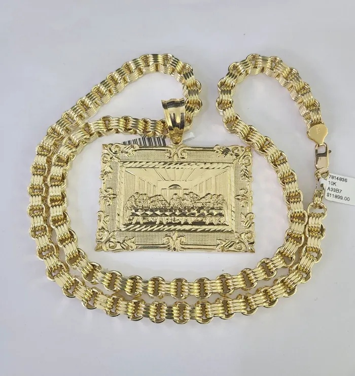 10k Gold Byzantine Necklace Last Supper Charm Pendant 2030 8mm REAL SET Chain Gold and Diamond Necklaces