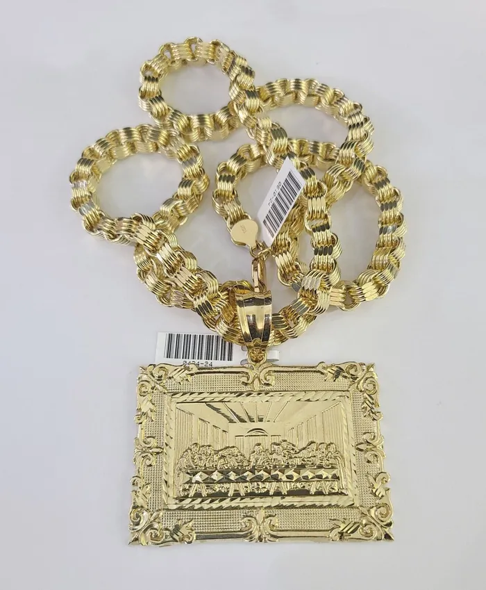 10k Gold Byzantine Necklace Last Supper Charm Pendant 2030 8mm REAL SET Chain Gold and Diamond Necklaces
