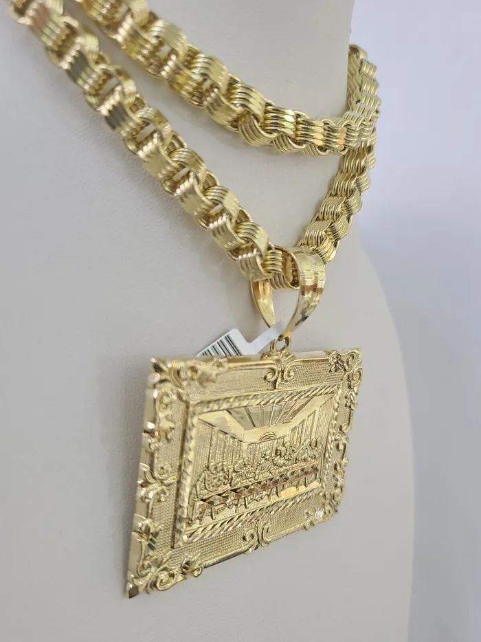 10k Gold Byzantine Necklace Last Supper Charm Pendant 2030 8mm REAL SET Chain Gold and Diamond Necklaces